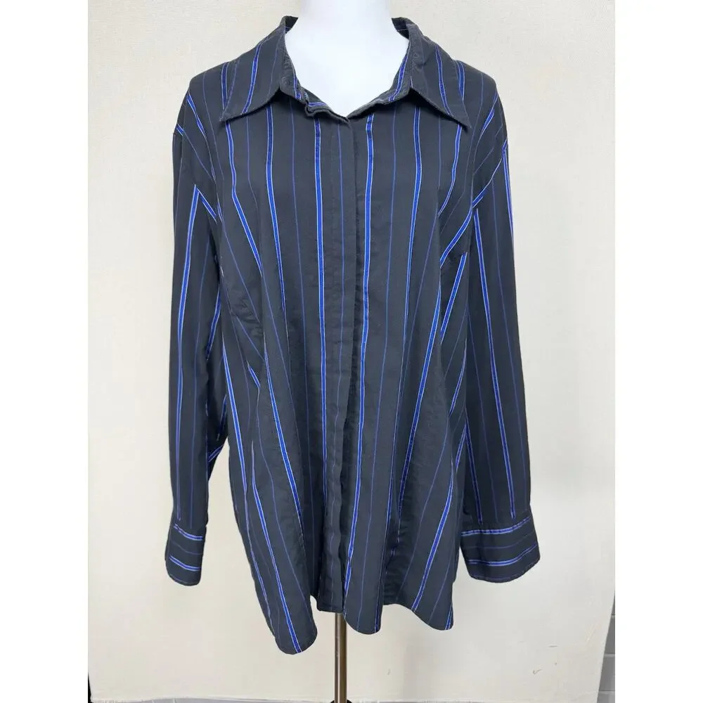 Lane Bryan Women's Button Up Shirt Sz 26/28 Black Blue Strips Long Sleeve Casual